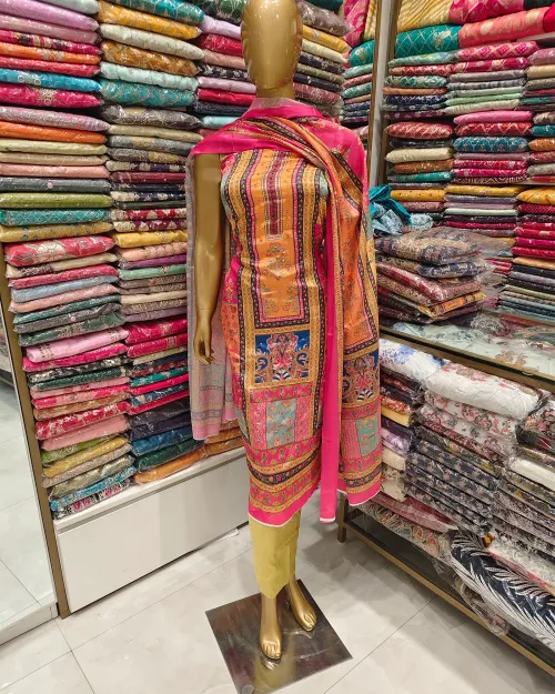 Multi Pink Color Unstitched Crepe Silk Suit Set