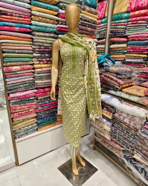 Green Color Cotton Unstitched Suit Set