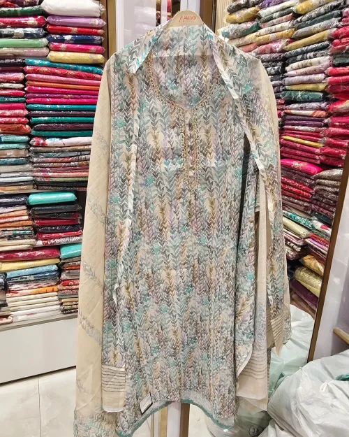 Cream & Ice Blue Chanderi Cotton Unstitched Suit Set