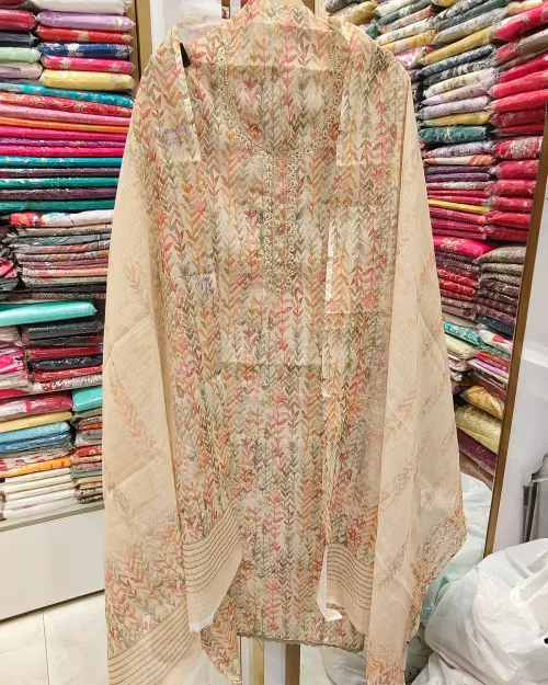 Cream & Light Green Chanderi Cotton Unstitched Suit Set