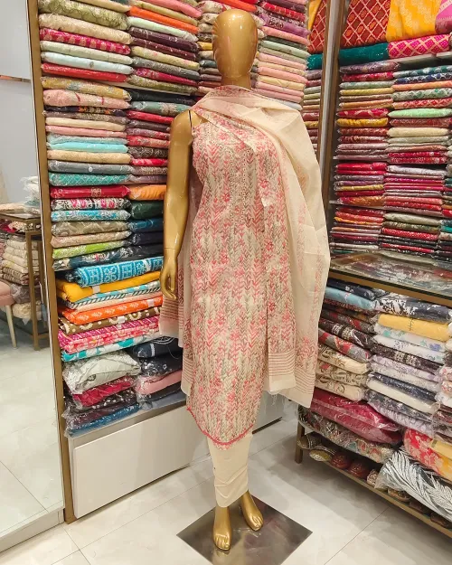 Cream & Peach Chanderi Cotton Unstitched Suit Set