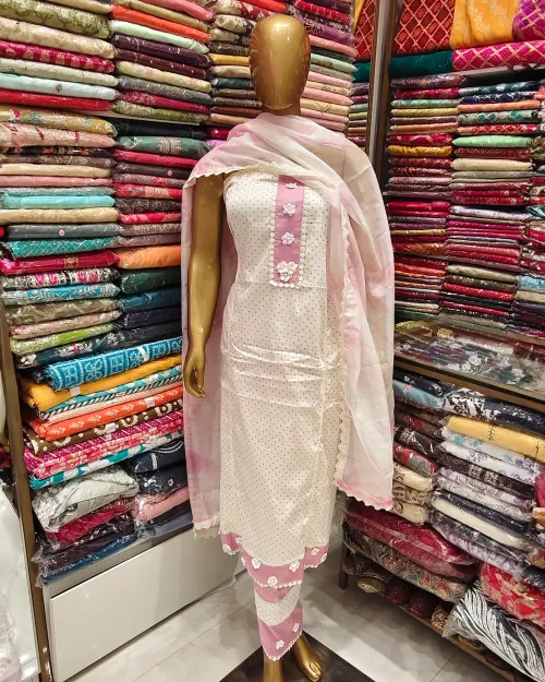 White & Pink Color Cotton Unstitched Suit Set
