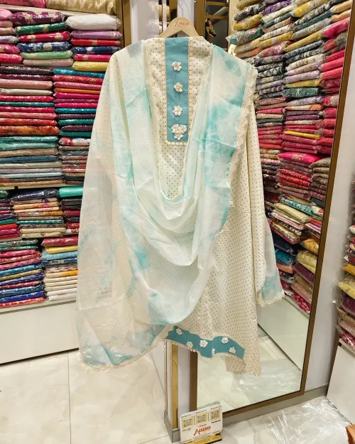 Ice Blue Color Cotton Unstitched Suit Set