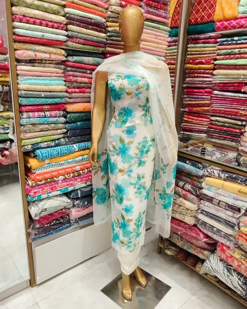 White & Ice Blue Chiffon Unstitched Suit Set