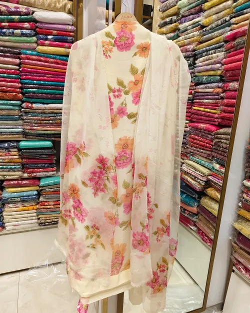 White & Pink Color Chiffon Unstitched Suit Set