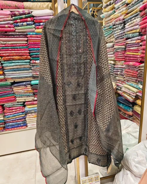 Green Color Cotton Unstitched Suit Set