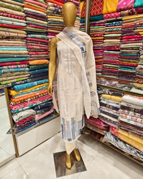 White Colour Chanderi Cotton Unstitched Suit Set