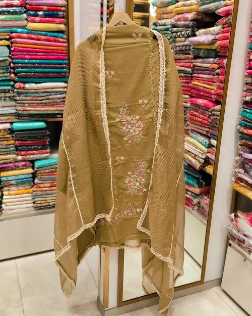 Mehandi Green Cotton Unstitched Suit Set