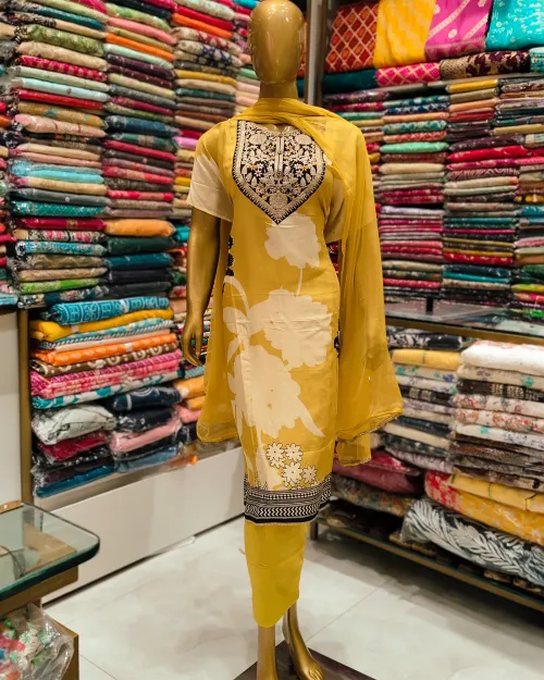 Yellow Colour Cotton Unstitched Suit Set