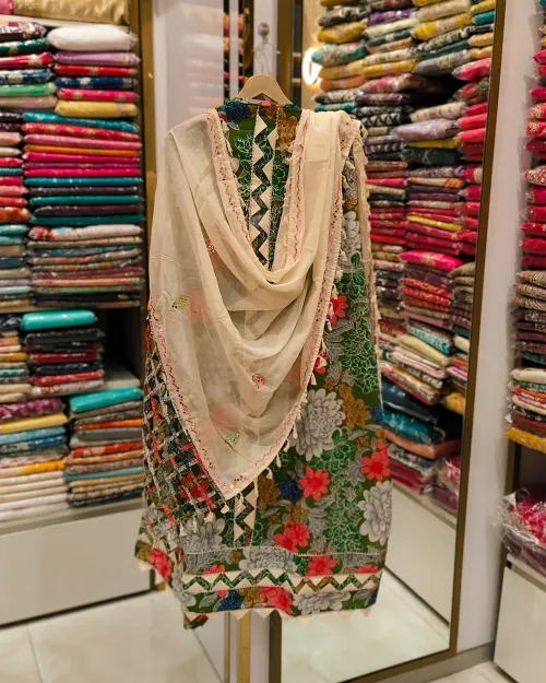 Green Colour Cotton Unstitched Suit Set