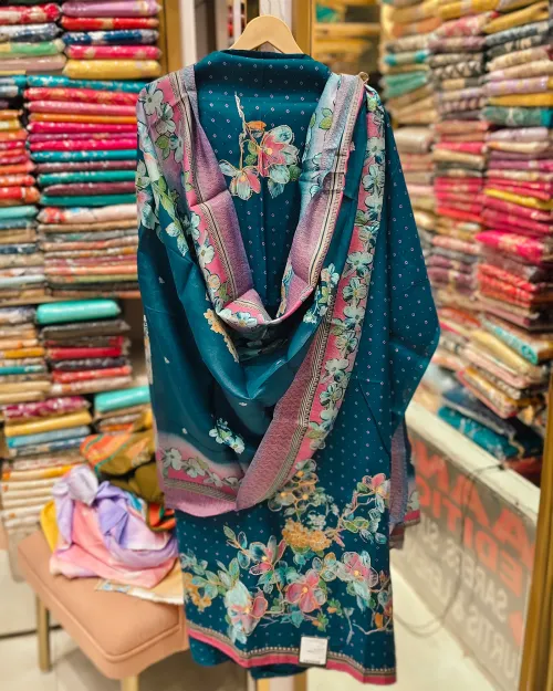 Teal Blue Color Muslin Cotton Unstitched Suit Set