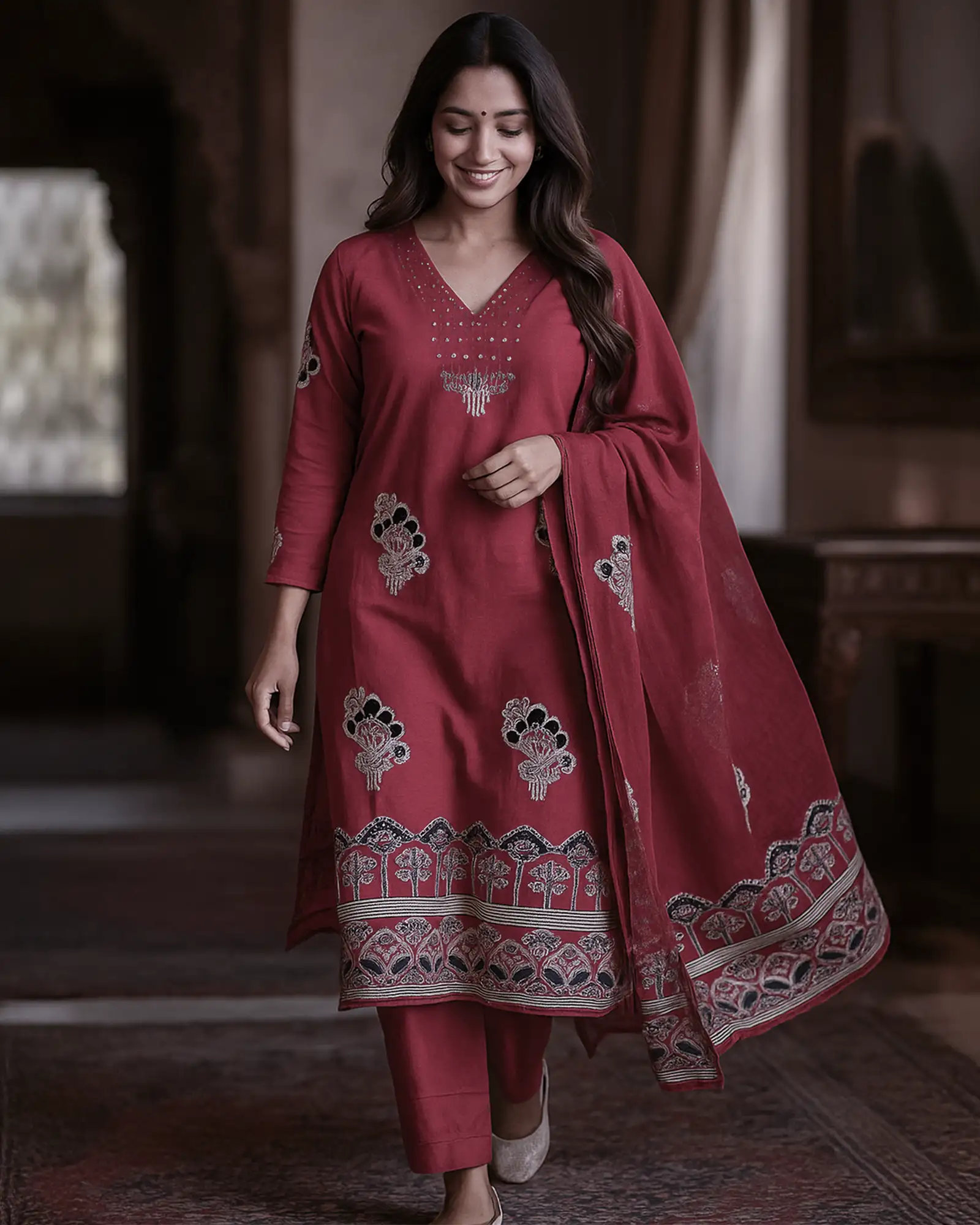 Ethnic Maroon Cotton Printed Kurta Pant Set with Dupatta