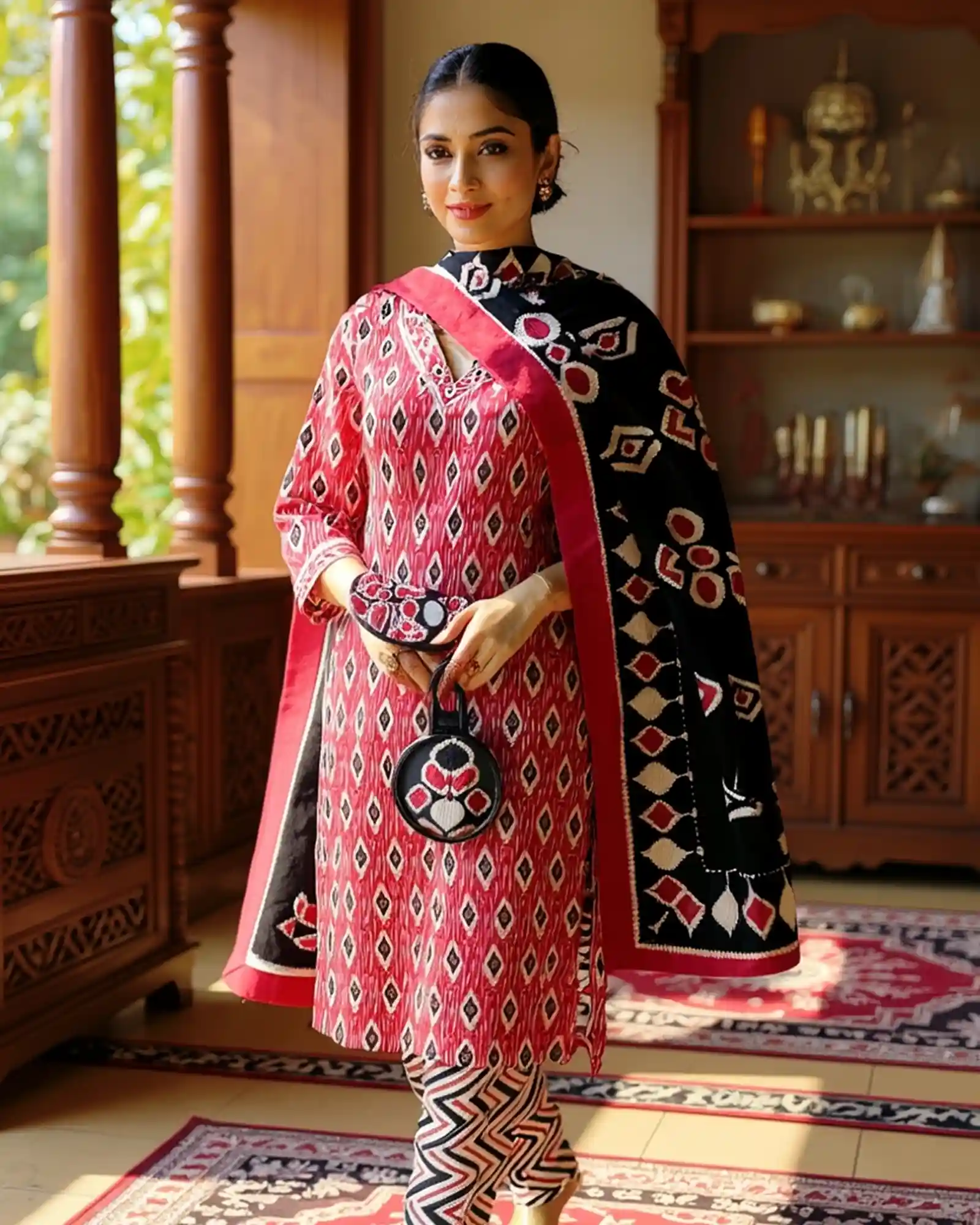 Maroon Grace Cotton Kurta Pant Set with Black printed Dupatta