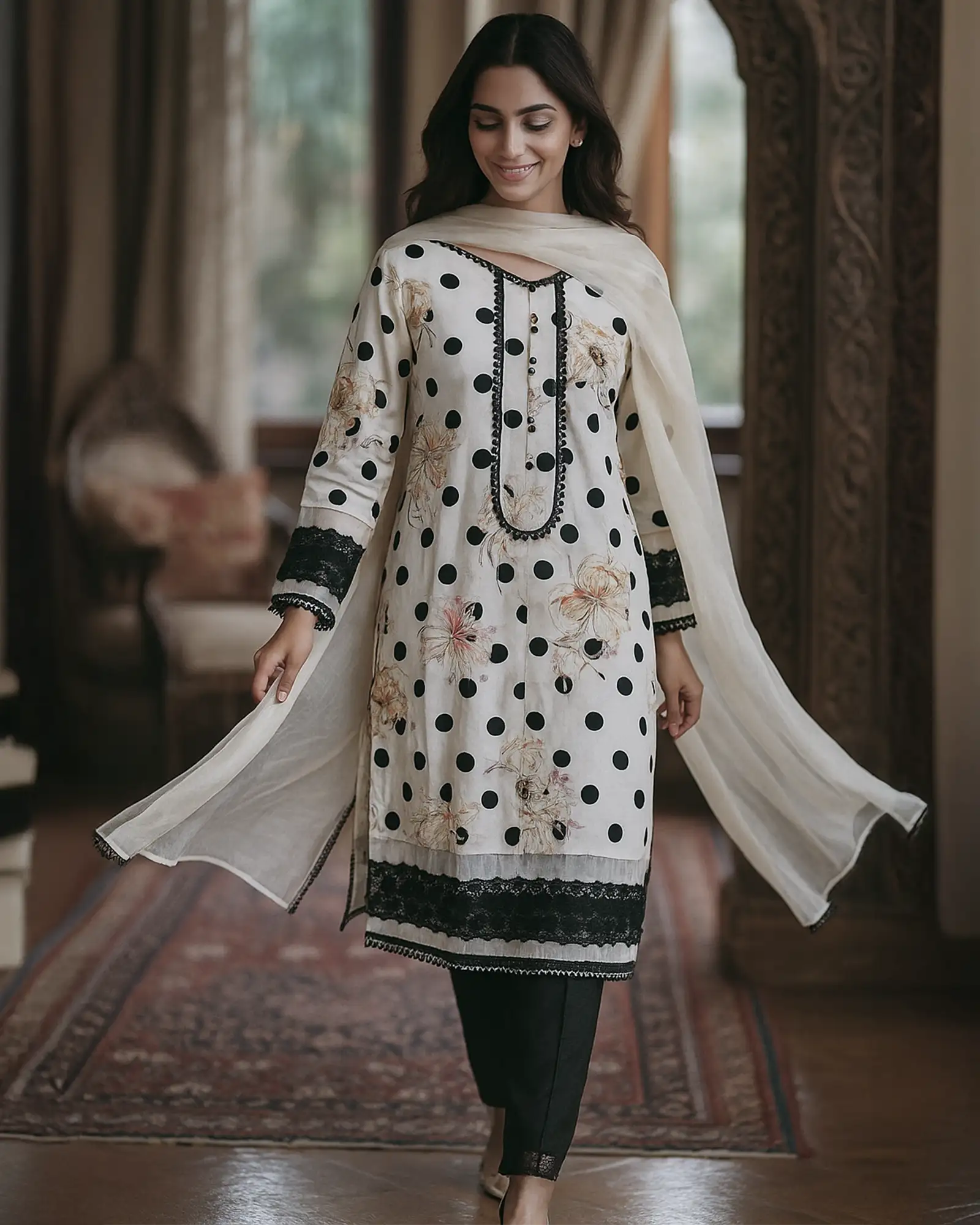 White Elegance Masleen Cotton Kurta Pant Set with Organza Dupatta