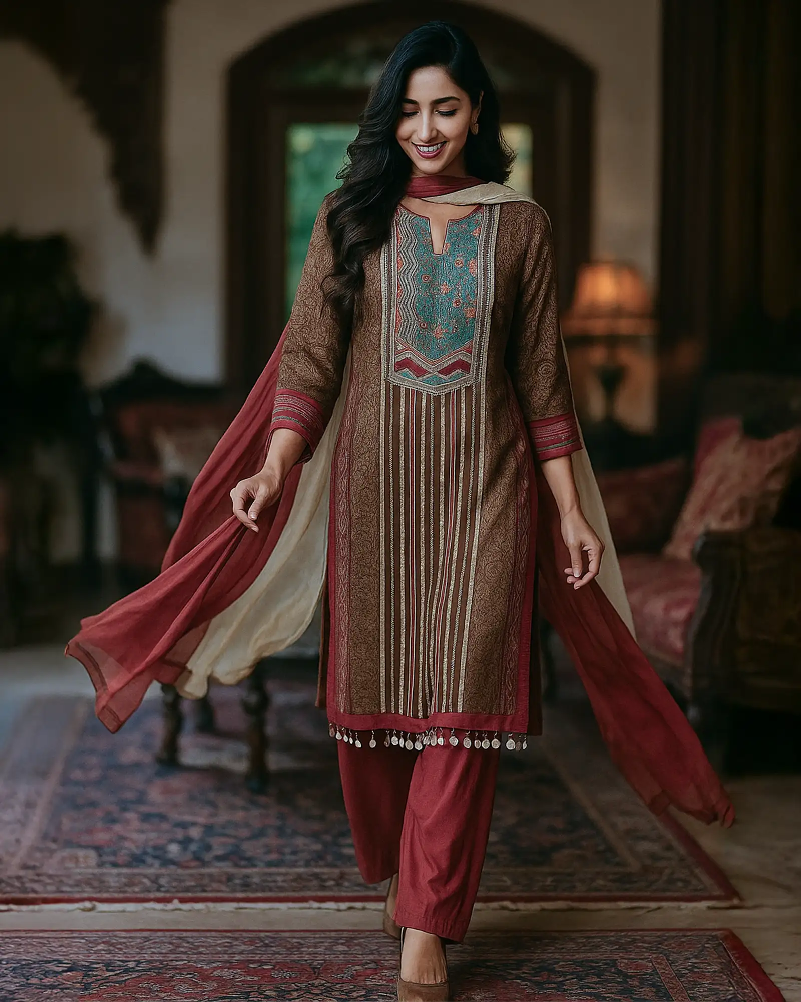Multi color Crepe Silk Kurta Pant Set with Pure Chiffon Dupatta