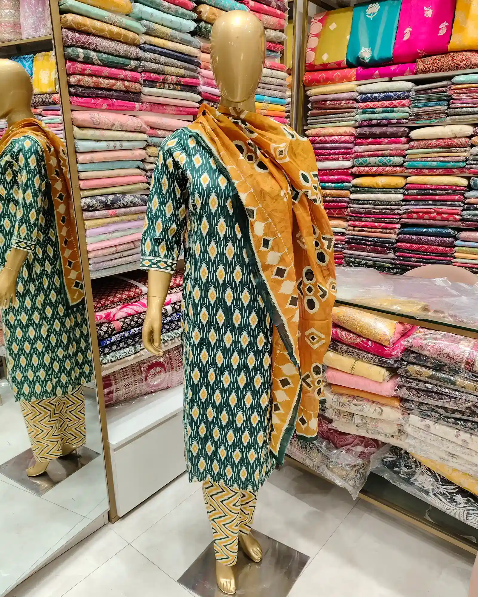 Bottle Green Printed Kurta Pant Set With Pure Cotton Dupatta