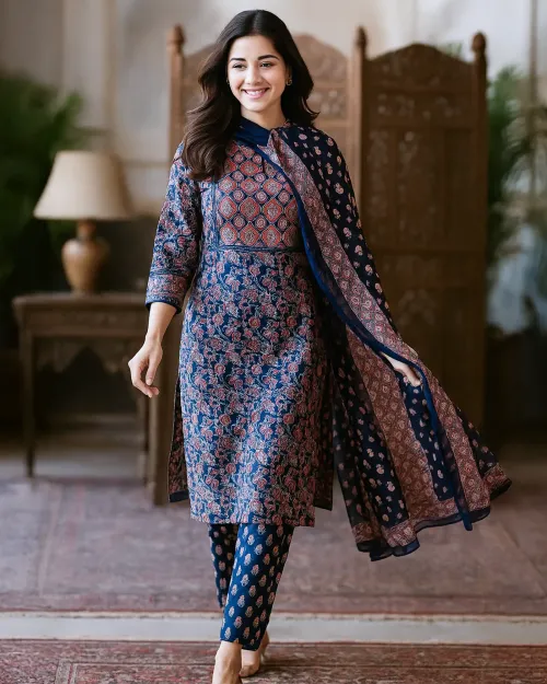 Blue Printed Cotton unstitched Suit Set with Dupatta