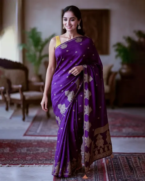 Purple Handloom Dola Silk Saree with Golden Zari Weaving