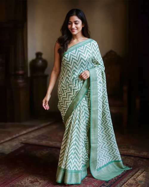 Light Green & White Chanderi Cotton Lahariya Saree
