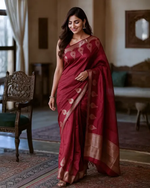Maroon Chanderi Silk Saree with Silver Zari Border