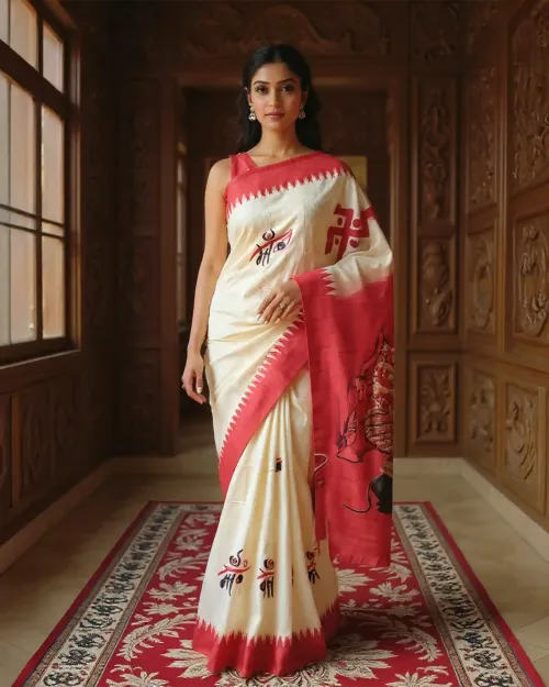 Cream & Red Cotton Silk Saree with Durga Print