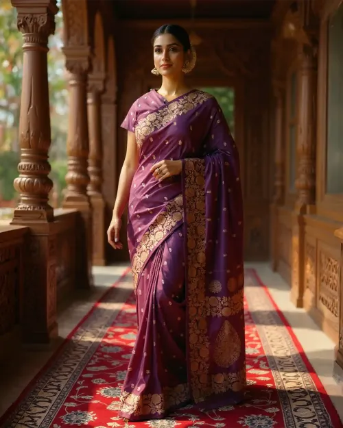 Purple Banarasi Silk Saree with Golden Zari Border