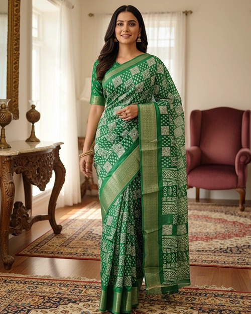 Green Printed Chanderi Cotton Saree