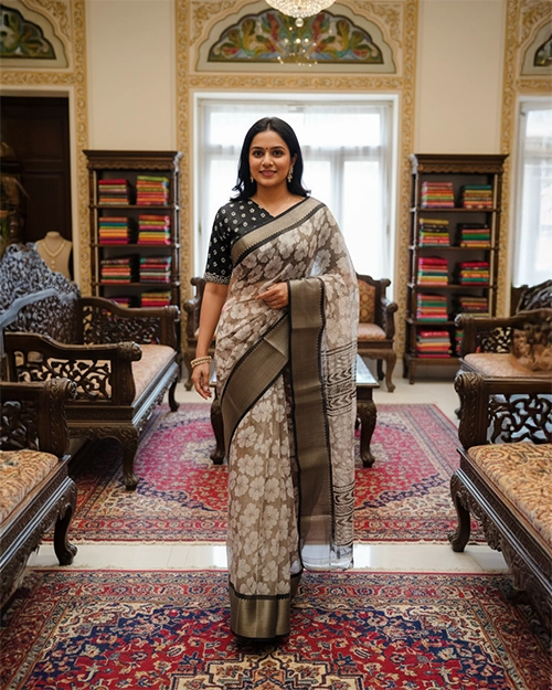 Grey Chanderi Cotton Saree with Floral Print