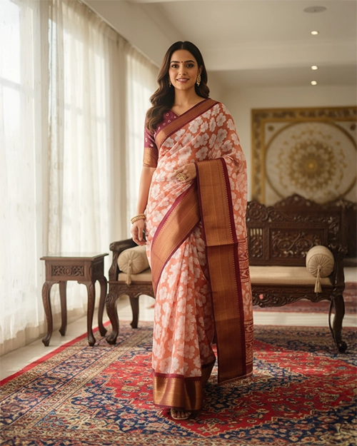 Peach Chanderi Cotton Saree with Floral Print