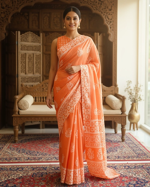 Peach Cotton Silk Saree with Batik Print