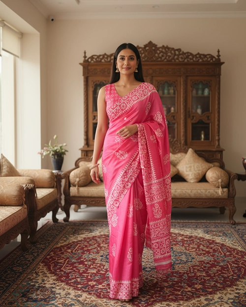 Pink Cotton Silk Saree with Batik Print