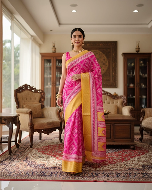 Rani Pink Chanderi Cotton Saree with Traditional Print
