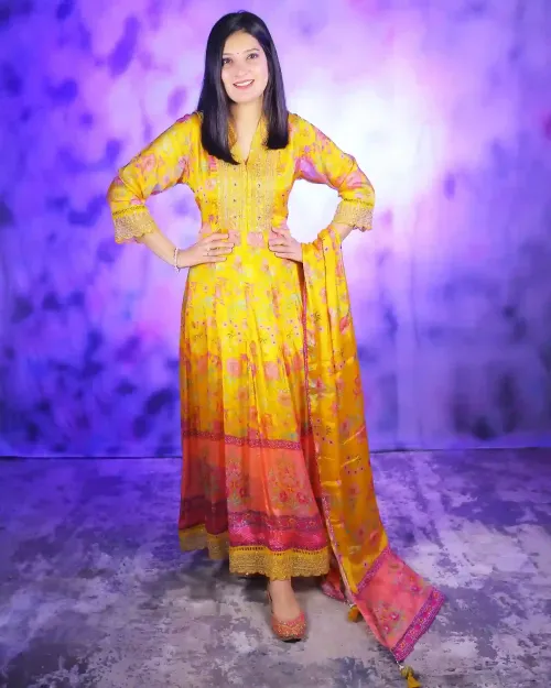 Yellow Color Floral Printed Anarkali Suit
