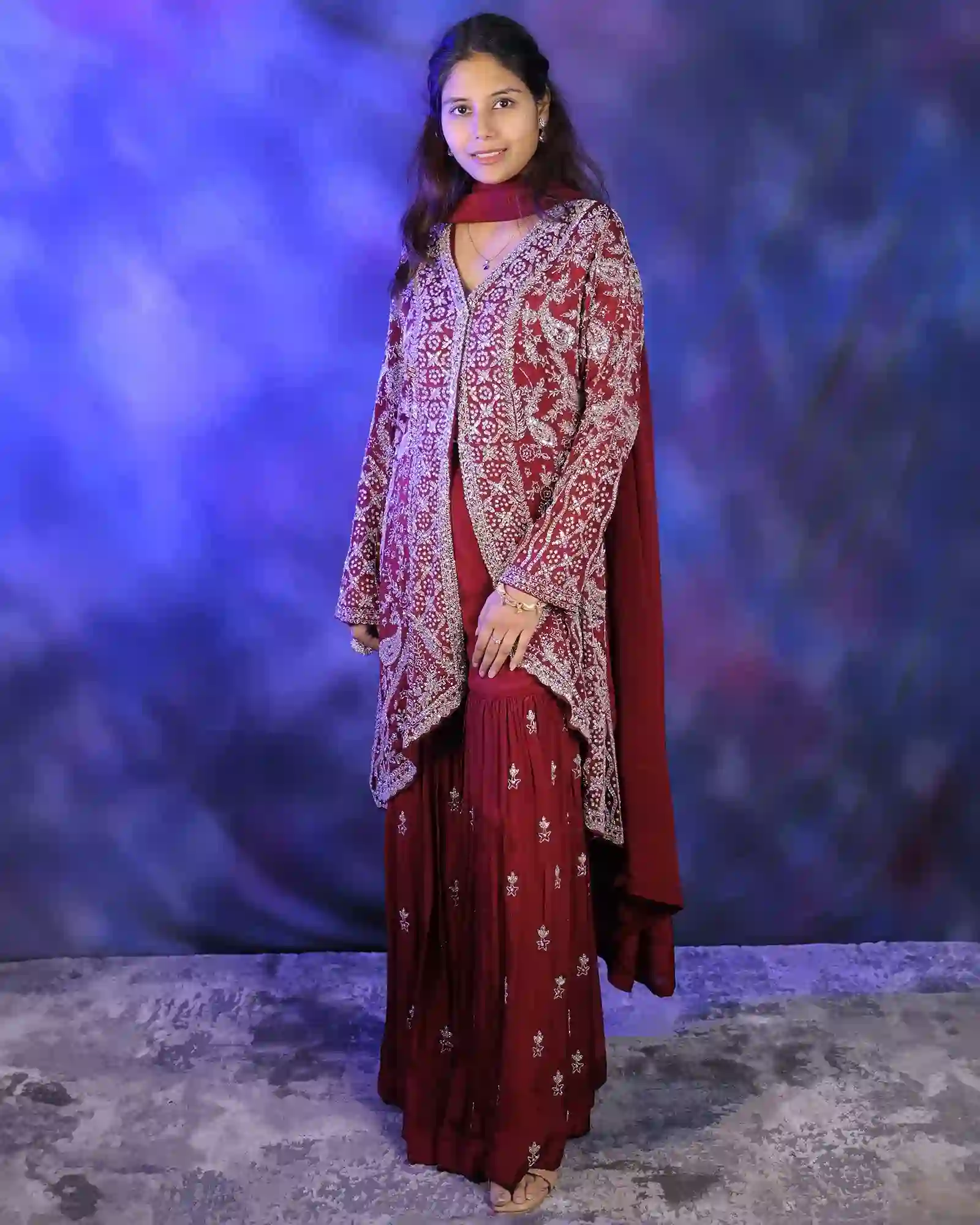 Maroon Color Chiffon Shirt With Sharara Suit