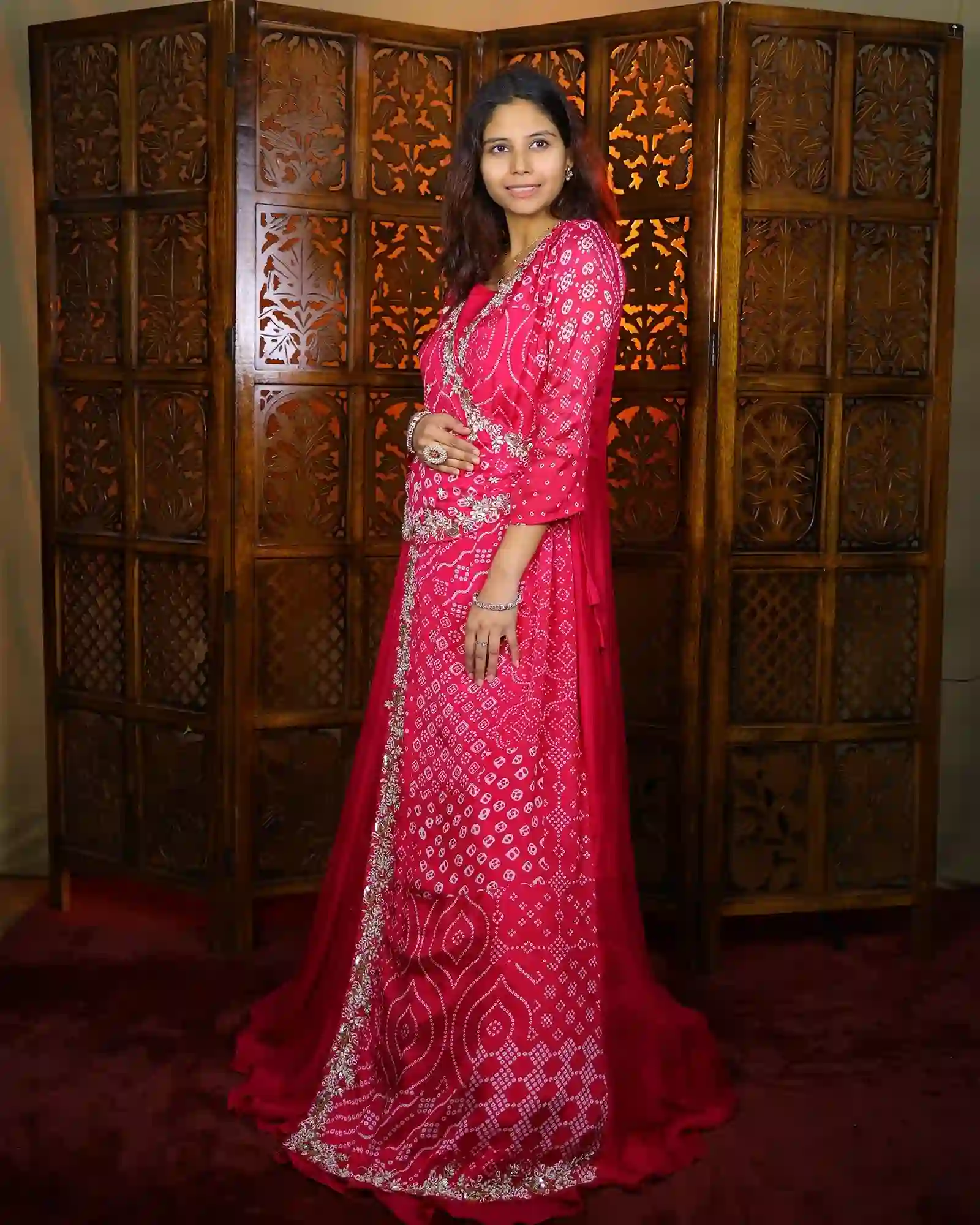 Rani Color Chiffon Bandhej Style Western Gown