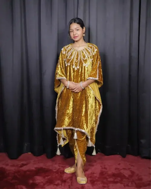 Mustard Color Gota Patti Work Velvet Kaftan