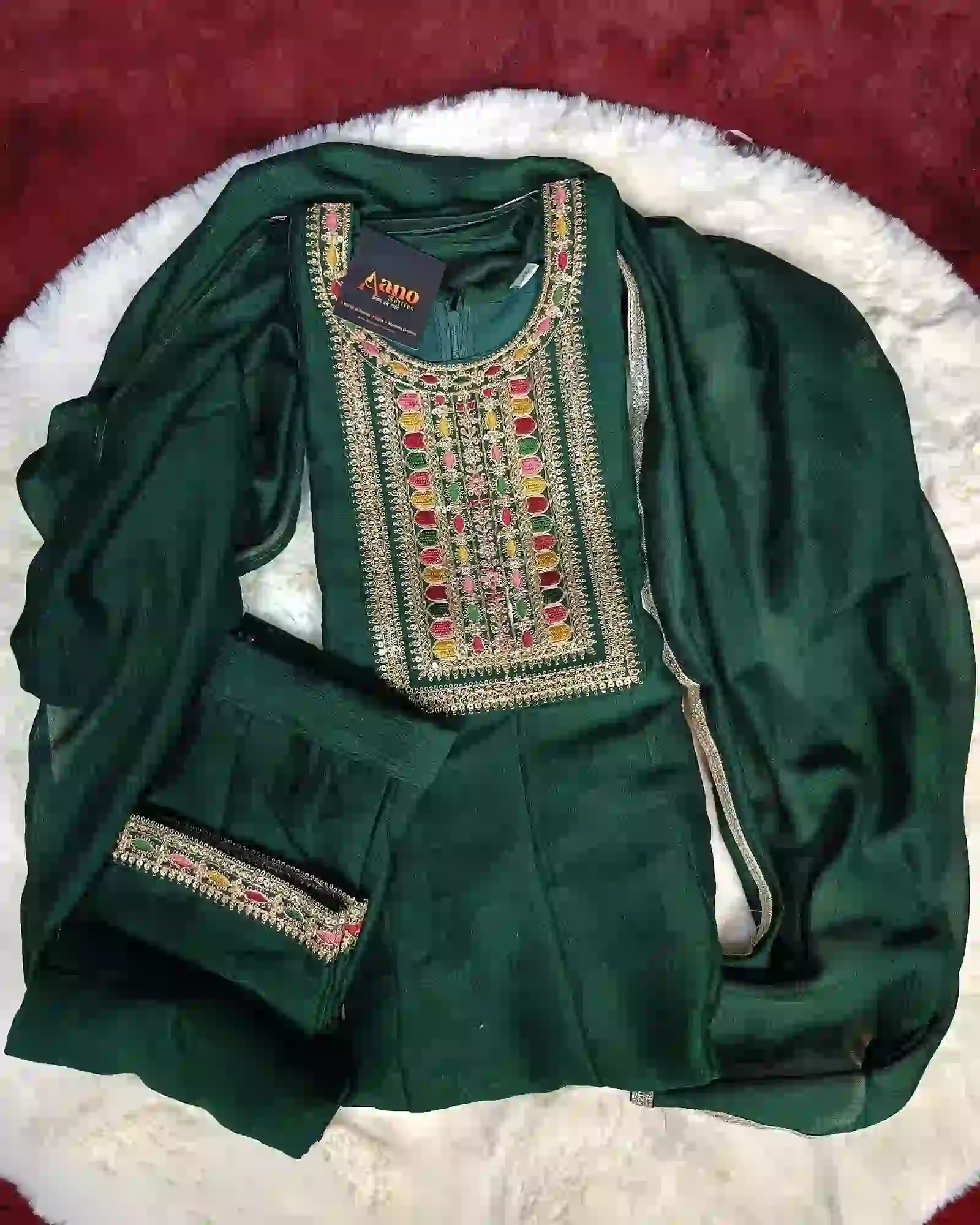 Bottle Green Kids Anarkali Suit with Heavy Zari Work