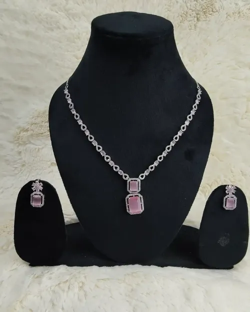 Pink American Diamond Necklace Set