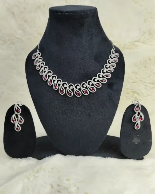 Pink American Diamond Necklace Set