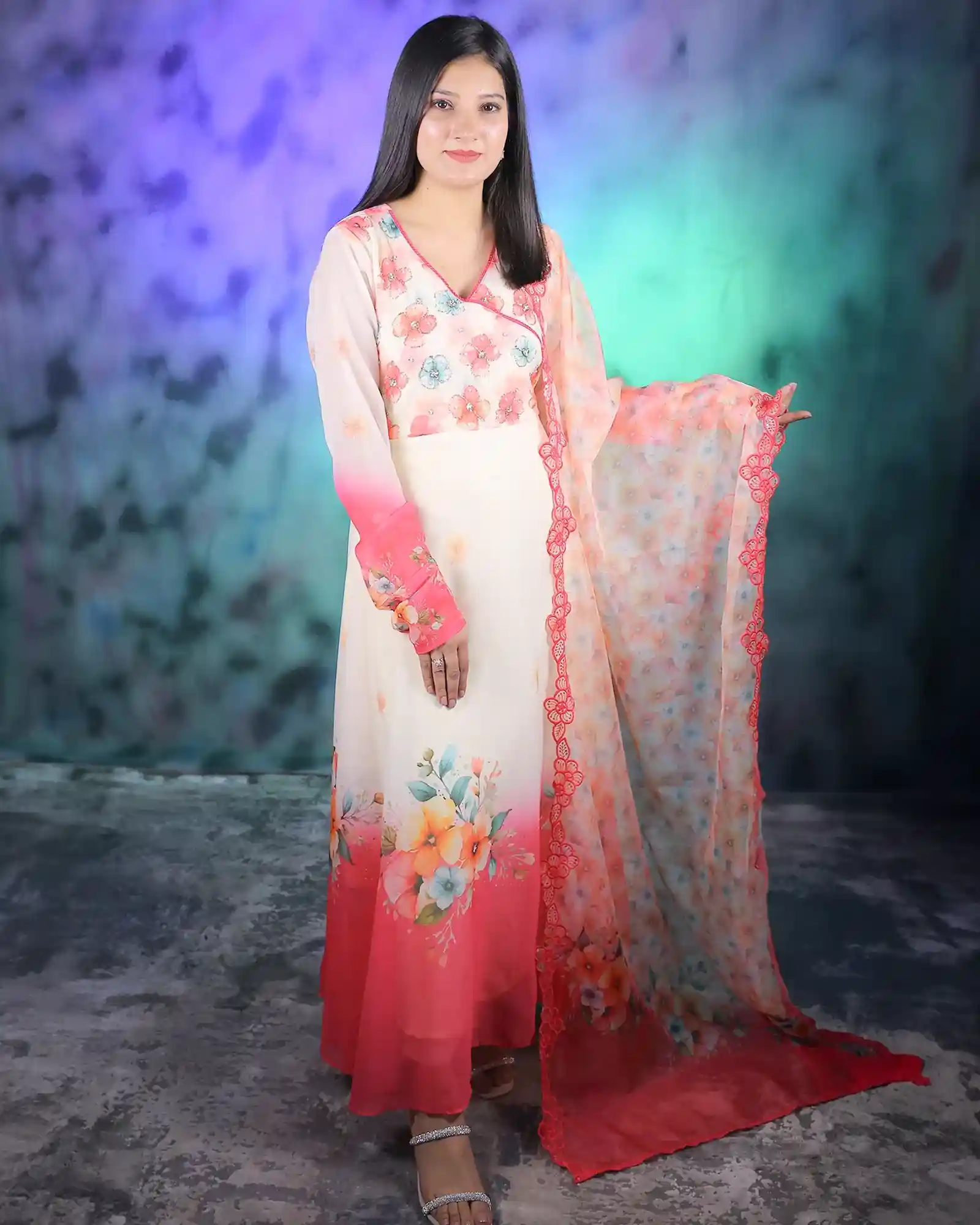 White Floral Printed Anarkali Suit