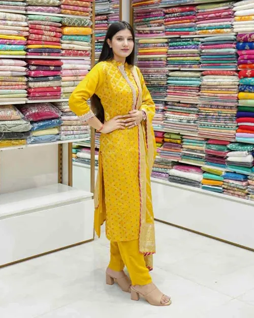 Yellow Color Silk Fabric Straight Suit
