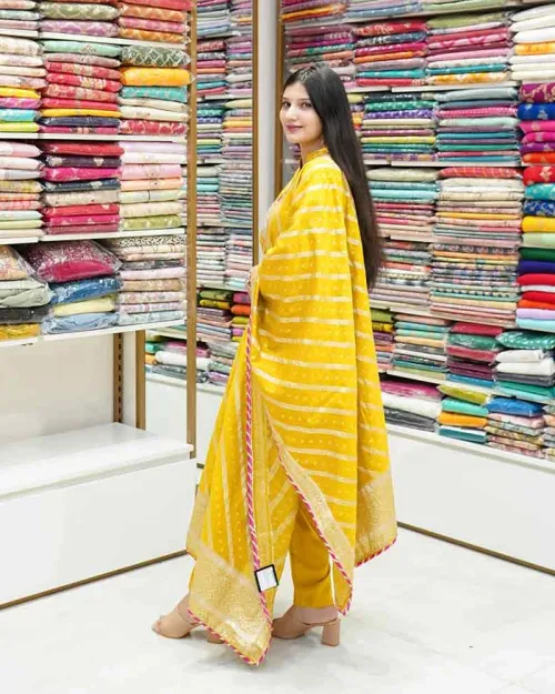 Yellow Color Silk Fabric Straight Suit