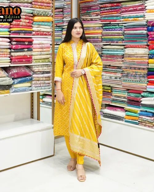 Yellow Color Silk Fabric Straight Suit