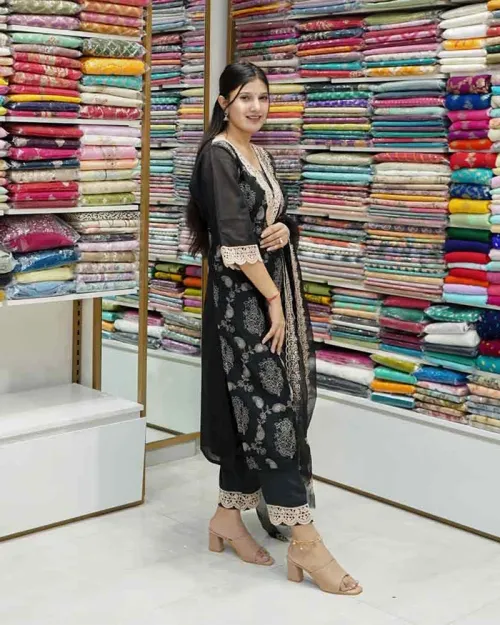 Black Color Chanderi Cotton Kurta Pant