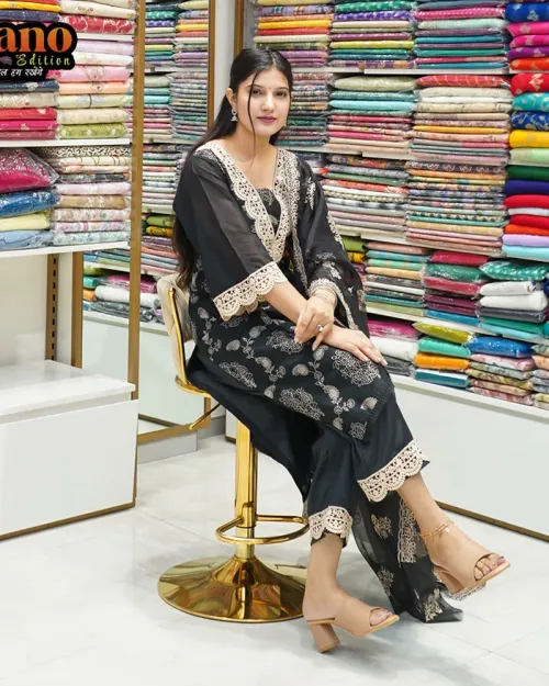 Black Color Chanderi Cotton Kurta Pant