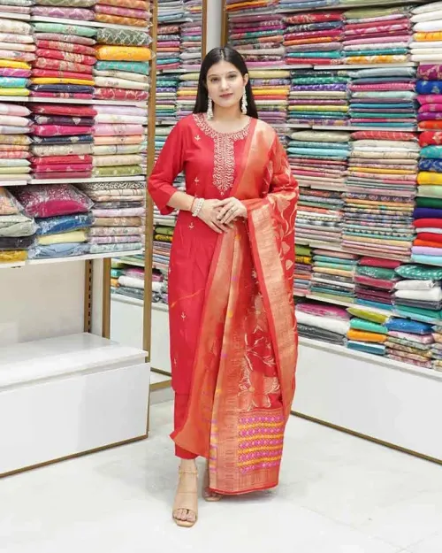 Red Color Silk Fabric Straight Suit