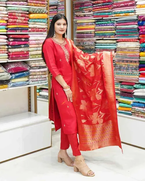 Red Color Silk Fabric Straight Suit