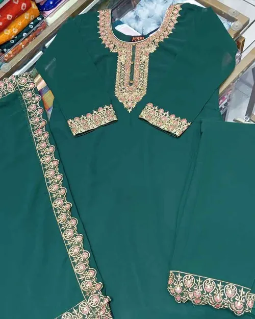 Dark Green Georgette Readymade Fabric Straight Suit