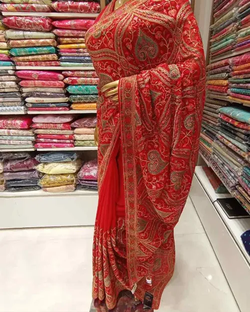 Red Color Georgette Full Kashmiri Work Saree