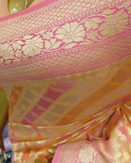 Peach and Ice blue Khadi Banarasi Georgette Fabric Saree